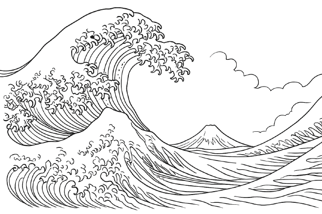 A lineart version of ‘The Great Wave off Kanagawa’ by Hokusai