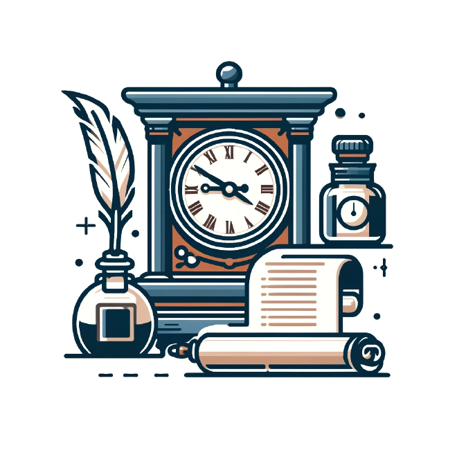 A mantle clock with old articles next to it.